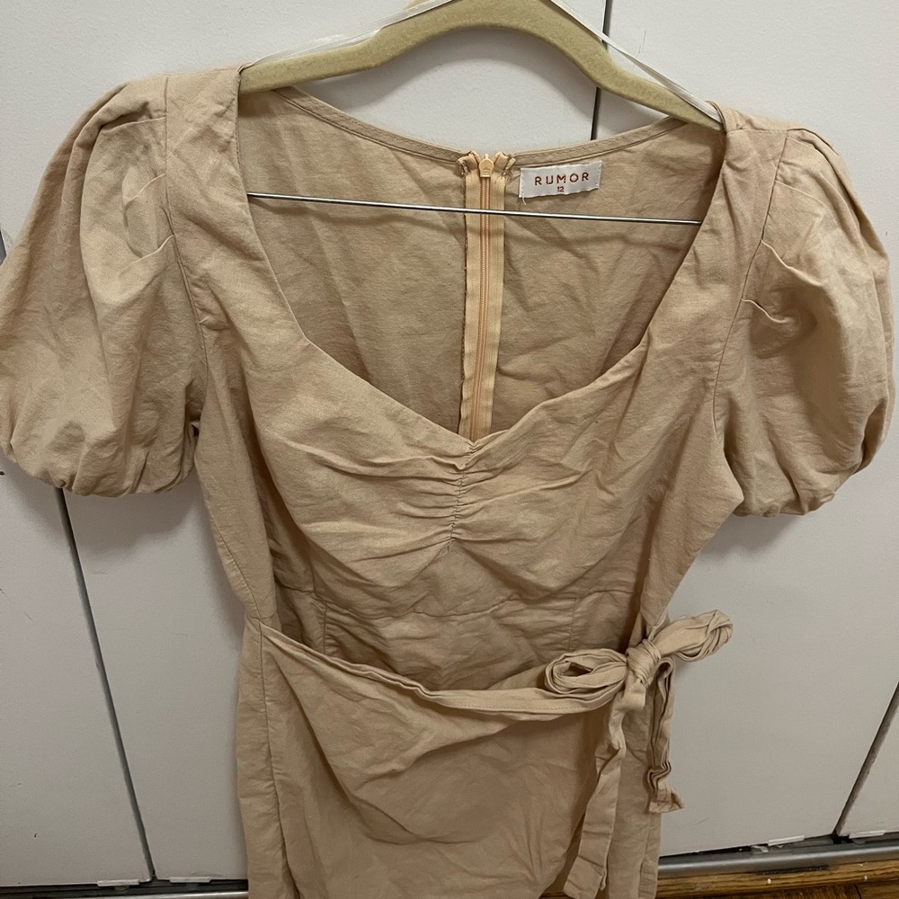 Beige Linen Mini Dress with Puffy Sleeves